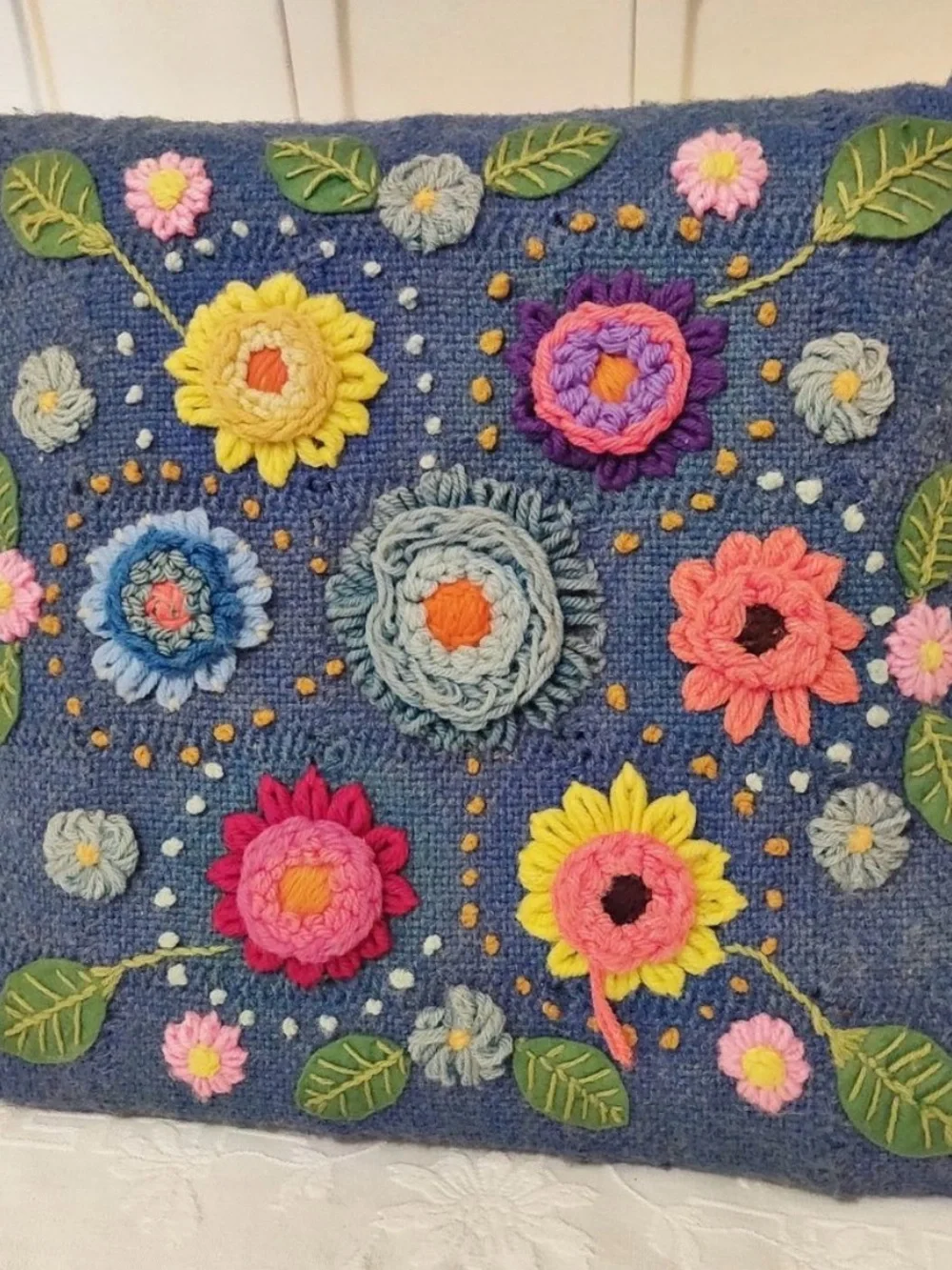 Vintage Wool Crewel Embroidered Pillow MOD Funky Flower Print Handmade 3D